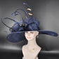 Navy Blue Kentucky Derby Hat: Royal Ascot Wide Brim Feathered Hat