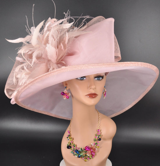 Dusty Pink Kentucky Derby Hat: Wide Brim Sinamay Feathered Church Hat