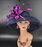 Hepburn Style Hat Kentucky Derby Hat Tea Party Carriage Party Wide Brim Sinamay Hat Navy Blue +Fuchsia Pink Baby Pink( More colors options)