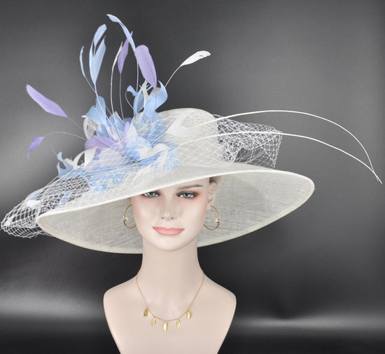 White, Powder Blue  Lilac Wide Brim Kentucky Derby Hat,Ascot Hat for Wedding & Tea Party, Garden Party Hat, Mother of the Bride, Church
