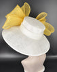 Sinamay Derby Hat: White Wide Brim with Yellow Bow