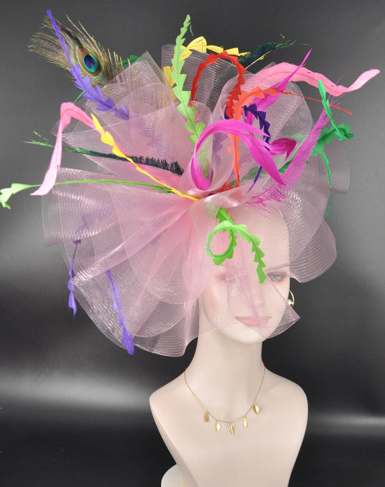Kentucky Derby Fascinator Hat: Pink, Green, Yellow Peacock Feathers
