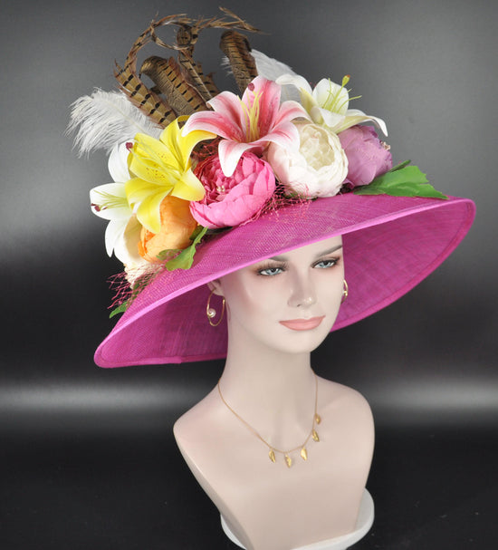 Fuchsia Pink Sinamay Kentucky Derby Hat: Wide Brim Floral Church Wedding