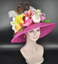 Fuchsia Pink Sinamay Kentucky Derby Hat: Wide Brim Floral Church Wedding
