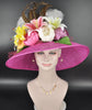 Fuchsia Pink Sinamay Kentucky Derby Hat: Wide Brim Floral Church Wedding