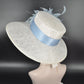Sinamay Kentucky Derby Hat: White Wide Brim with Powder Blue Feathers