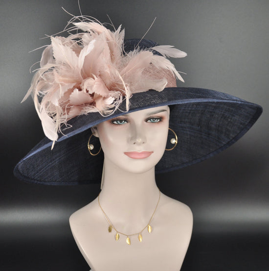 Navy Sinamay Kentucky Derby Hat: Wide Brim Feather Flower