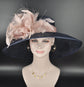 Navy Sinamay Kentucky Derby Hat: Wide Brim Feather Flower