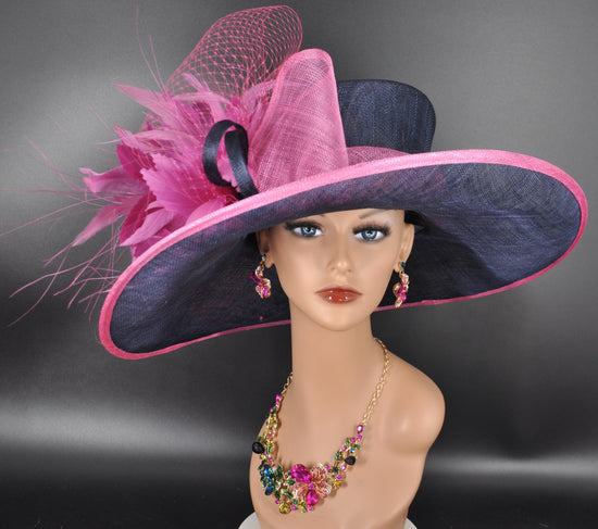 Sinamay Derby Hat: Navy Blue, Hot Pink Feather Flower