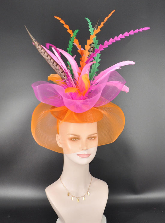Feather Fascinator Hat: Orange Sinamay Kentucky Derby Tea Party Hat