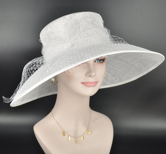 White Sinamay Kentucky Derby Hat: Wide Brim Netting Bow Ascot Hat