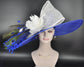 Royal Blue Sinamay Derby Hat: Wide Brim Feathered Ascot Hat