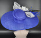 Royal Blue Sinamay Derby Hat: Wide Brim Feathered Ascot Hat