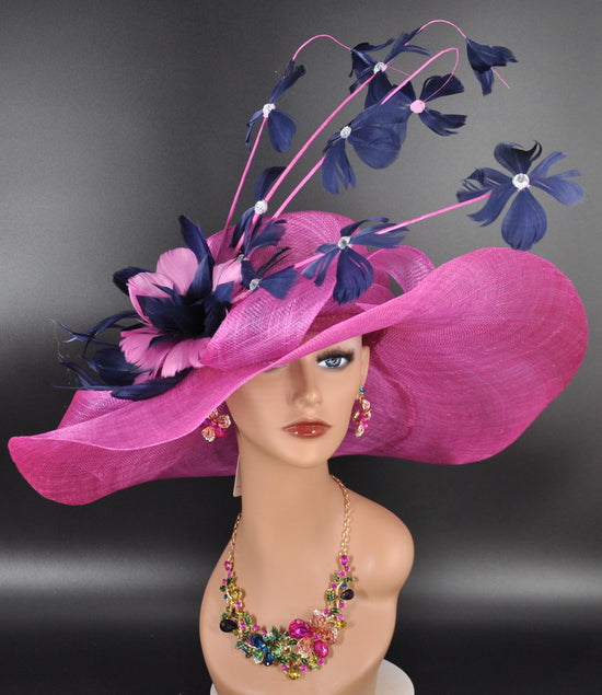 Fuchsia Pink Sinamay Derby Hat: Navy Blue Feather Flower Wide Brim