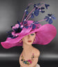Fuchsia Pink Sinamay Derby Hat: Navy Blue Feather Flower Wide Brim