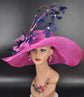 Fuchsia Pink Sinamay Derby Hat: Feather Flower Wide Brim