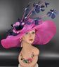Fuchsia Pink Sinamay Derby Hat: Feather Flower Wide Brim