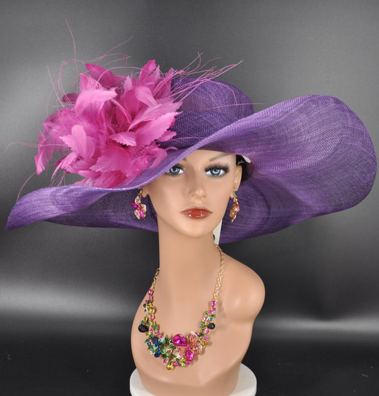 Purple Sinamay Kentucky Derby Hat: Hot Pink Feather Flower Wide Brim