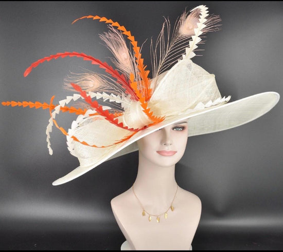 Wide Brim Kentucky Derby Hat, Ascot Hat for Wedding & Tea Party, Garden Party Hat, Mother of the Bride, Church Ivory Orange Red Pink