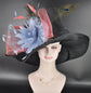 Black Sinamay Kentucky Derby Hat: Blue Coral Feather Flowers