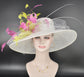 Wide Brim Sinamay Derby Hat: White, Lime Green & Hot Pink Feather Flower