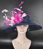 Navy Blue w Fuchsia Pink Baby Pink Feather Flower Kentucky Derby Hat Tea Party Carriage Party Wide Brim  Sinamay Hat