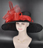 Wide Brim Sinamay Kentucky Derby Hat: Black & Red Feather Floral