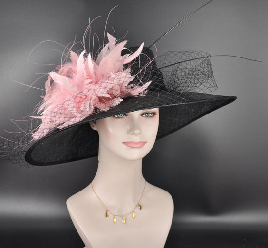 Wide Brim Black Sinamay Derby Hat: Pink Feather Flower