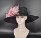 Wide Brim Black Sinamay Derby Hat: Pink Feather Flower