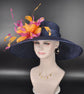 Navy Blue with Hot Pink Orange Feather Flowers Kentucky Derby Hat Tea Party Carriage Party Royal Ascot Oaks day hat