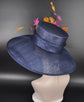 Navy Blue with Hot Pink Orange Feather Flowers Kentucky Derby Hat Tea Party Carriage Party Royal Ascot Oaks day hat