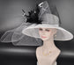 White & Black Feather Flower Bow Design Wide Brim Sinamay Hat For Kentucky Derby, Ascot Royal, Tea Garden Party, Chuch, Wedding Party