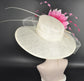 Wide Brim Sinamay Derby Hat: Off White & Pink Feather Flower