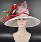 Wide Brim Sinamay Derby Hat: White, Burgundy & Peacock Feathers