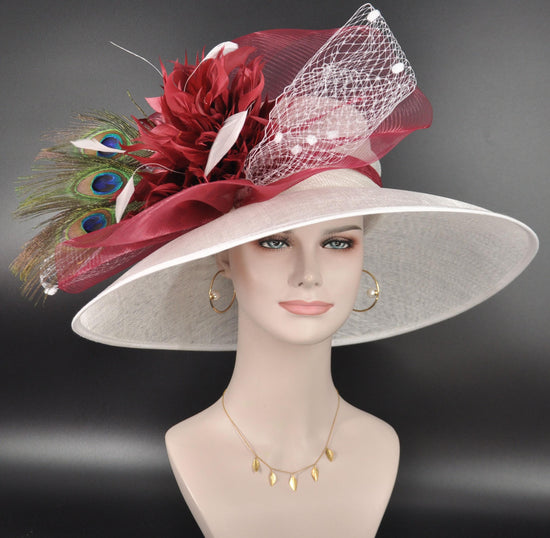 Wide Brim Sinamay Derby Hat: White, Burgundy & Peacock Feathers