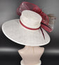 Wide Brim Sinamay Derby Hat: White, Burgundy & Peacock Feathers