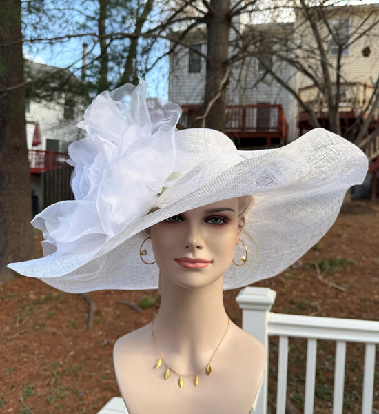 White Silk Flower Sinamay Hat: Wide Brim Kentucky Derby Dress Hat