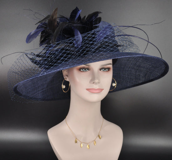 Navy Blue Wide Brim Sinamay Hat Church Kentucky Derby Hat Carriage Tea Party Wedding Feather Flower and Ostrich Quills