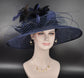Navy Blue Wide Brim Sinamay Hat Church Kentucky Derby Hat Carriage Tea Party Wedding Feather Flower and Ostrich Quills