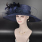 Navy Blue Wide Brim Sinamay Hat Church Kentucky Derby Hat Carriage Tea Party Wedding Feather Flower and Ostrich Quills