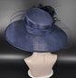Navy Blue Wide Brim Sinamay Hat Church Kentucky Derby Hat Carriage Tea Party Wedding Feather Flower and Ostrich Quills