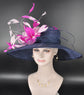 Wide Brim Sinamay Kentucky Derby Hat: Navy Blue & Fuchsia Pink