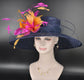 Wide Brim Sinamay Kentucky Derby Hat: Navy Blue Fuchsia Feather Flower
