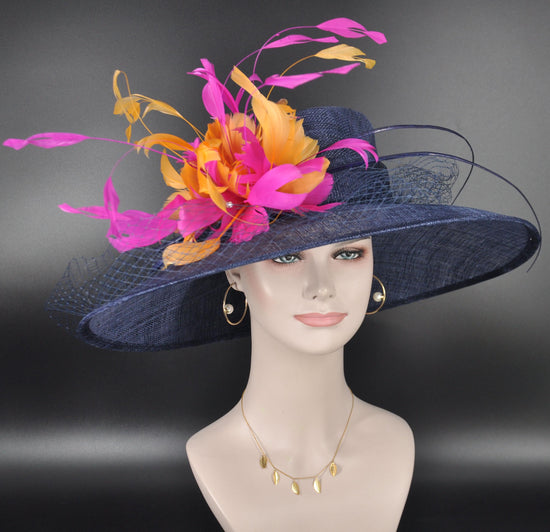 Wide Brim Sinamay Kentucky Derby Hat: Navy Blue Fuchsia Feather Flower
