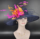 Wide Brim Sinamay Kentucky Derby Hat: Navy Blue Fuchsia Feather Flower