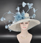 Wide Brim Kentucky Derby Hat: White & Powder Blue Feathered Ascot Hat