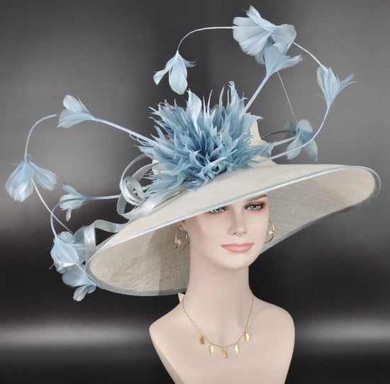 Wide Brim Kentucky Derby Hat: White & Powder Blue Feathered Ascot Hat