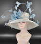 Wide Brim Kentucky Derby Hat: White & Powder Blue Feathered Ascot Hat
