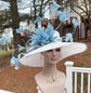 Wide Brim Kentucky Derby Hat: White & Powder Blue Feathered Ascot Hat