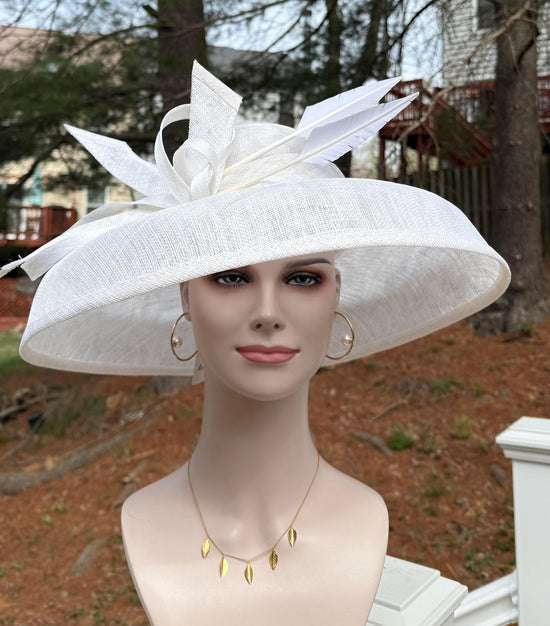 White Wide Brim Sinamay Hat: Audrey Hepburn Style Kentucky Derby